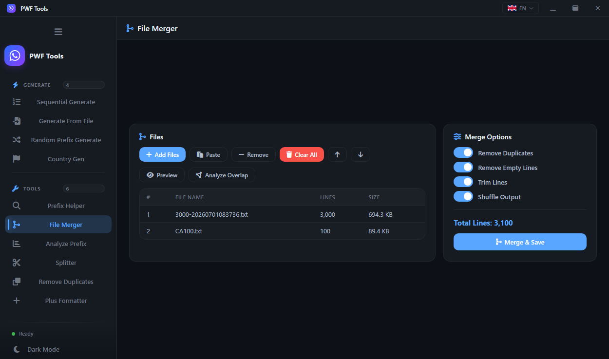PWF Checker running the File Merger tool