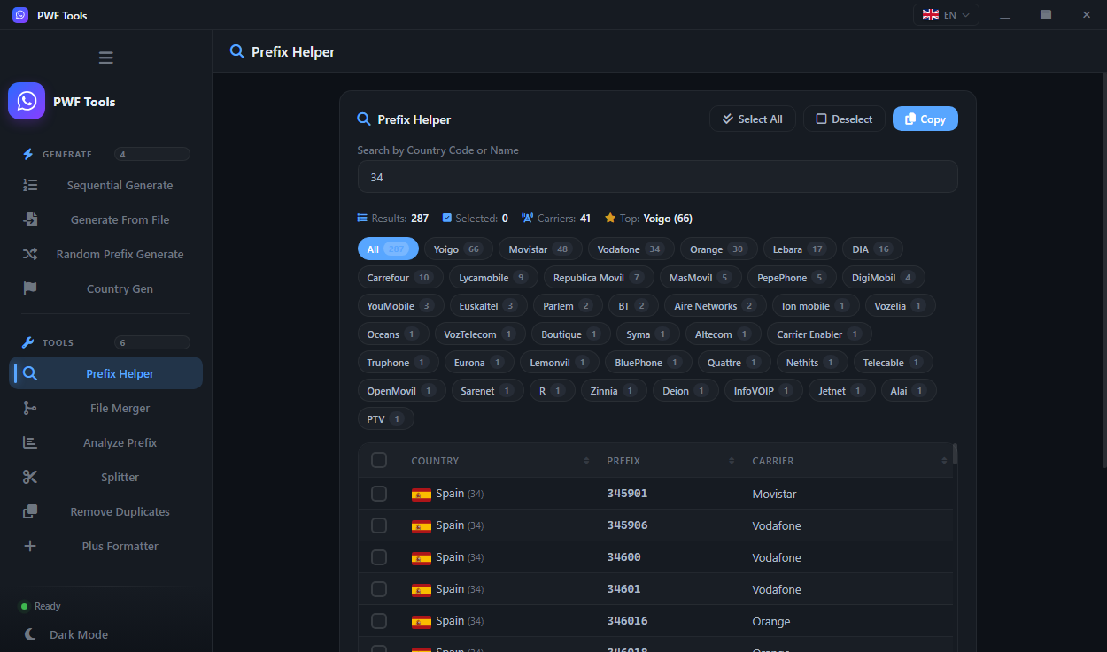 Prefix Helper — Look up any prefix and see country, operator and expected line length.