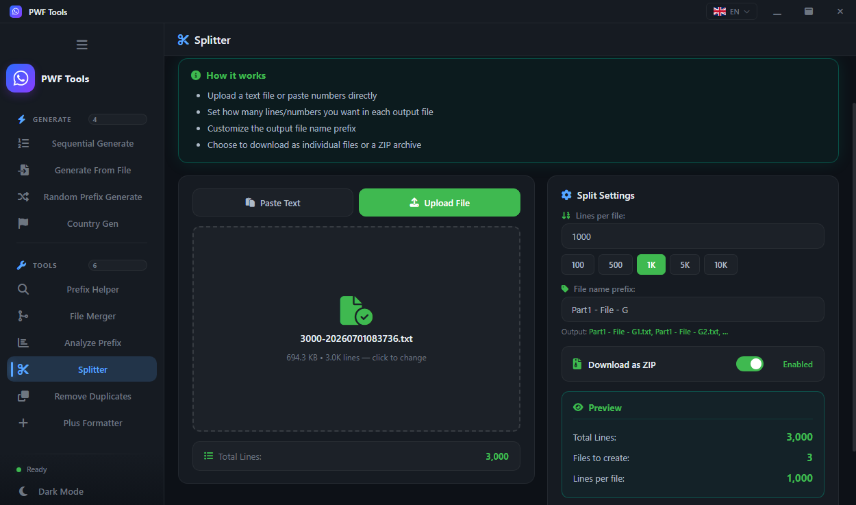 Splitter — Split a big list into equal parts with a custom name prefix, downloadable as a ZIP.