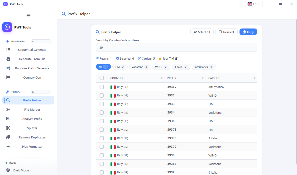 Aide aux préfixes montrant des résultats de recherche filtrés par opérateur