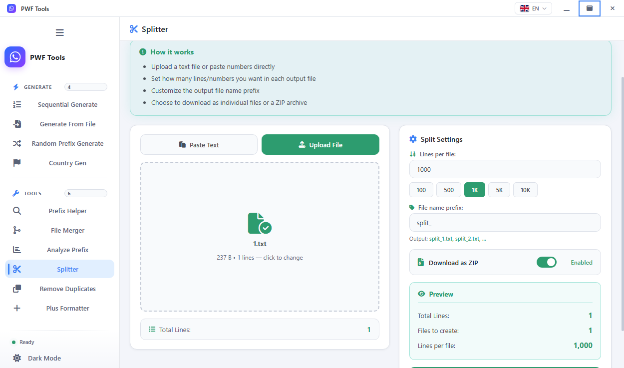 L'écran Diviseur avec les réglages de lignes par fichier et un aperçu de la sortie