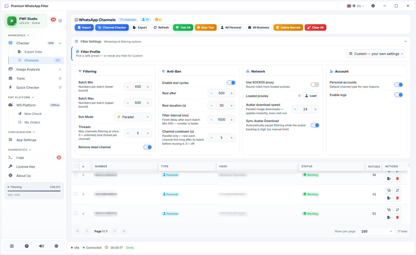 The Channels page listing imported accounts with type, status and matched counts