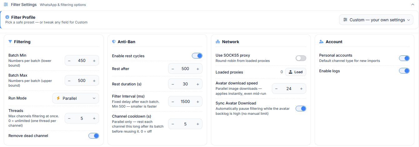 The Filter Settings panel showing Filtering, Anti-Ban, Network and Account columns