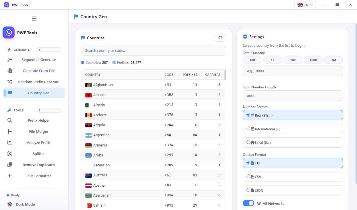 Country Gen listing countries with prefix and carrier counts