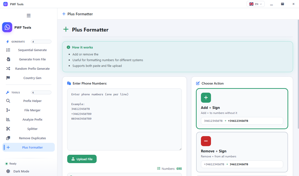 Plus Formatter with an input area and the add or remove plus-sign actions