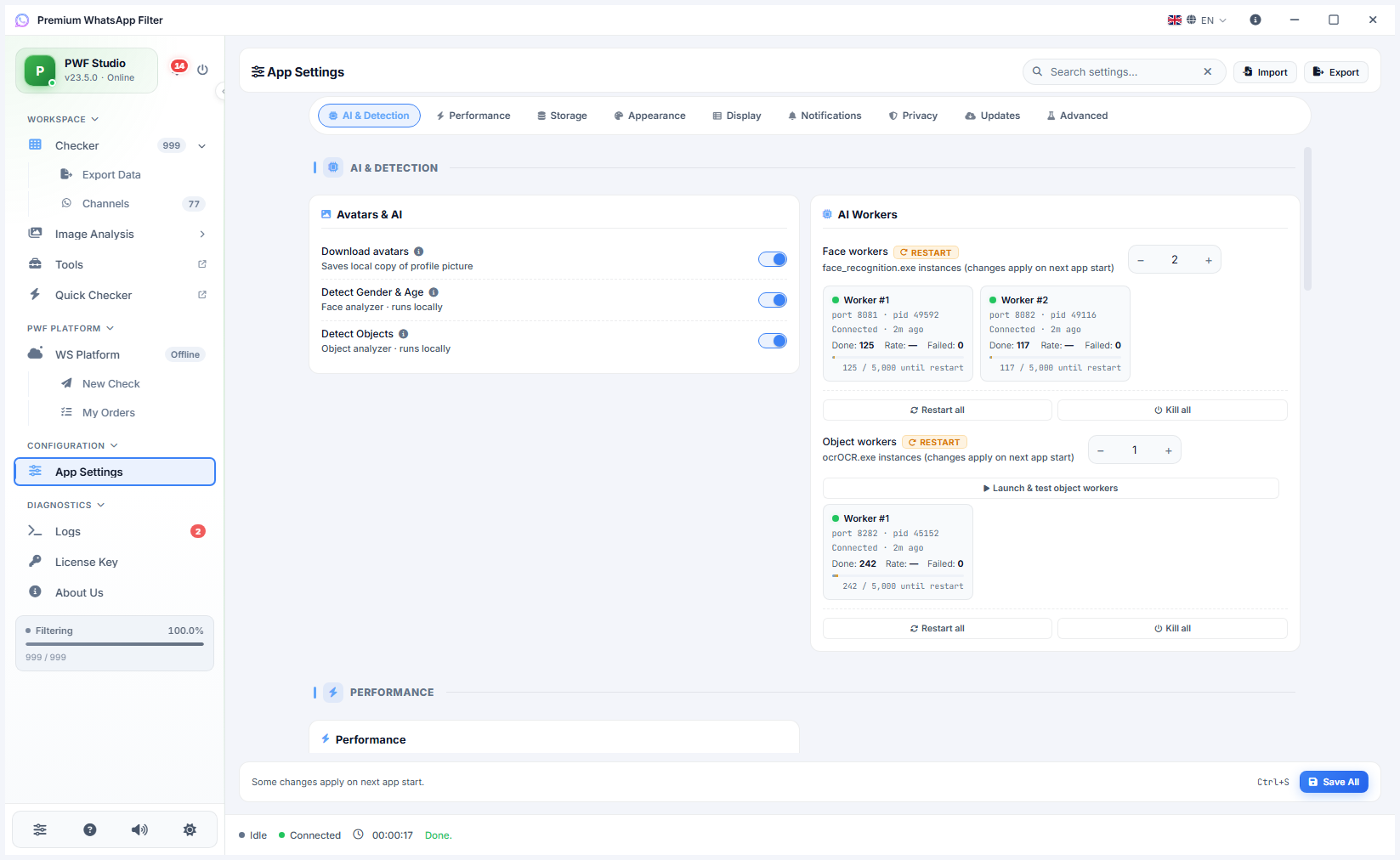 App Settings on the AI and Detection tab, with avatar options and the AI worker pool